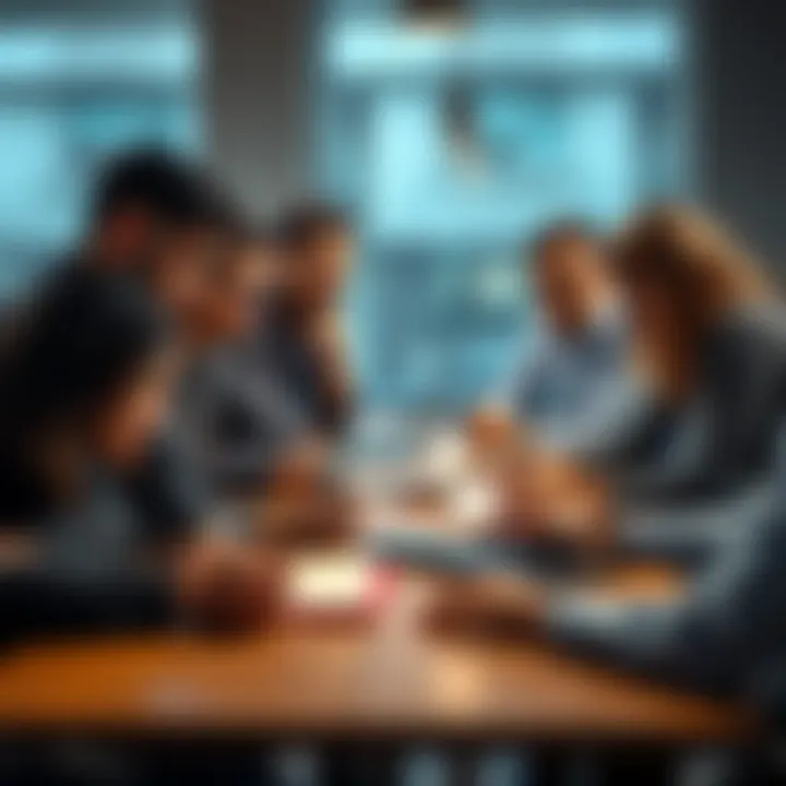 A group of people sitting around a table with laptops and papers, discussing payment plans and options, looking concerned and engaged.