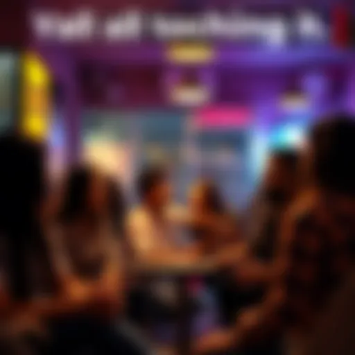 A group of people engaged in conversation about the meaning of the phrase 'Yall touching it' in a casual setting.