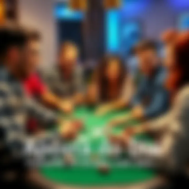 Group of friends placed around a table, laughing and engaging in daily betting activities with cards and chips