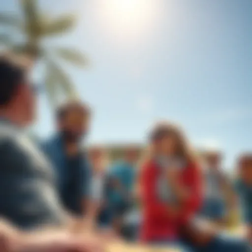 Group of people having fun outside in a sunny park, smiling and engaging in activities