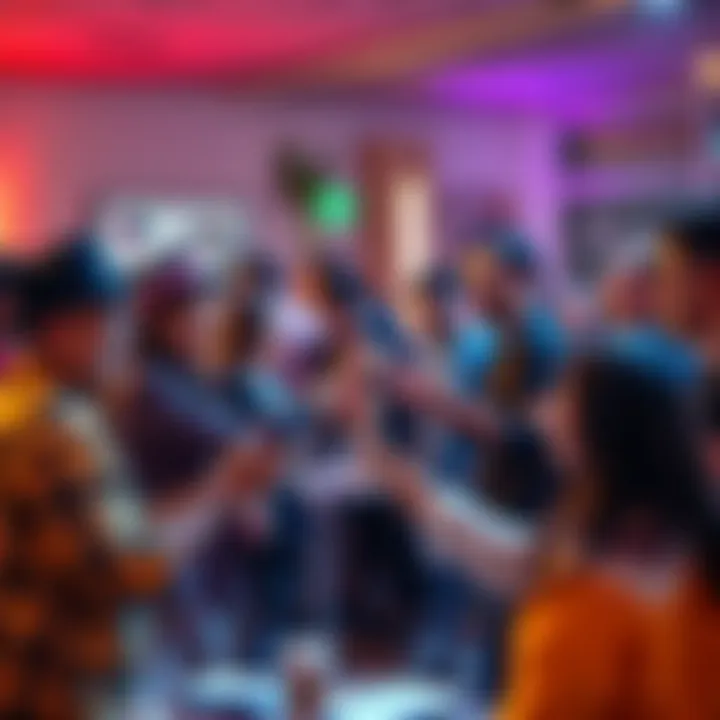 A group of people sharing referral codes enthusiastically in a community setting.