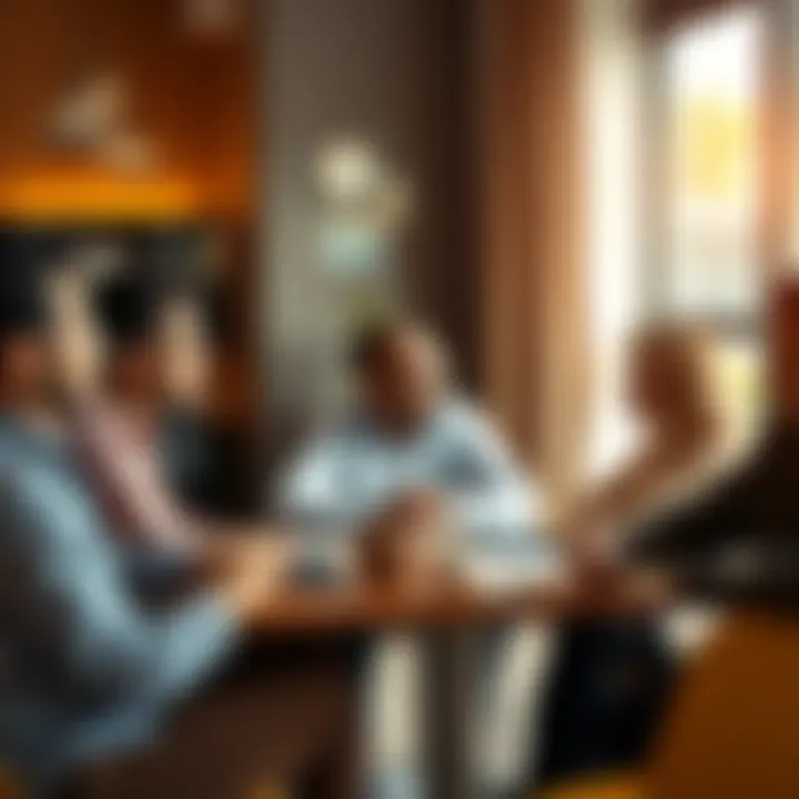 A group of people sitting around a table, talking about financial problems with worried expressions