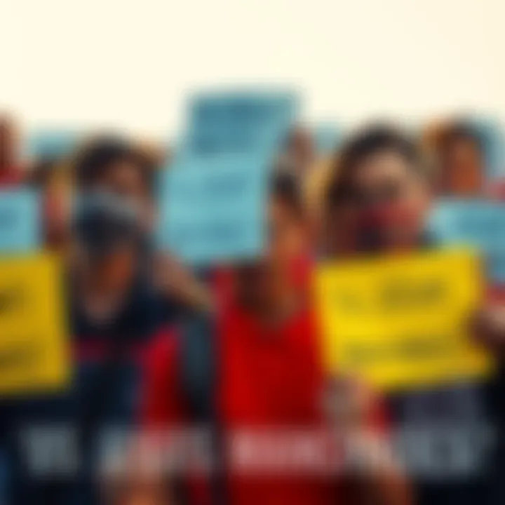 A group of people holding signs demanding fairness in competitions, with expressions of concern and anger