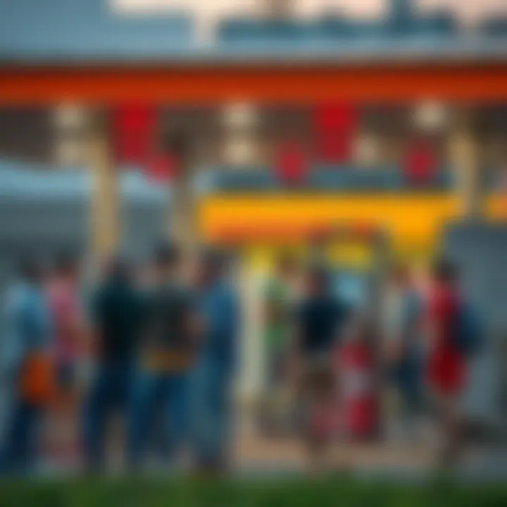A diverse group of people chatting and socializing outside a gas station, enjoying their time together.