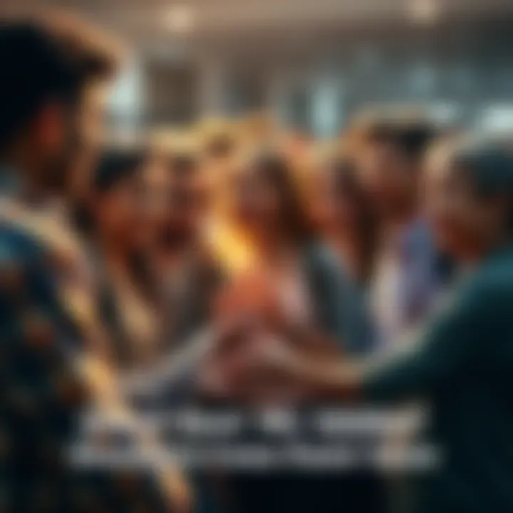 A group of diverse people coming together to support one another, sharing ideas and offering assistance in a community setting.