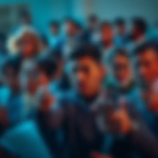 A diverse group of people searching for bonuses with determination, displaying a range of emotions from frustration to hope.