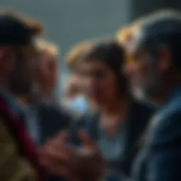 A group of people engaged in a heated conversation, showing expressions of concern and frustration, symbolizing rising tensions in interactions.