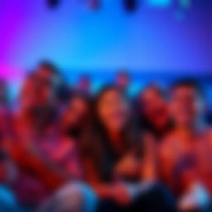 A group of friends laughing and enjoying a comedy show, each showing a different expression of amusement