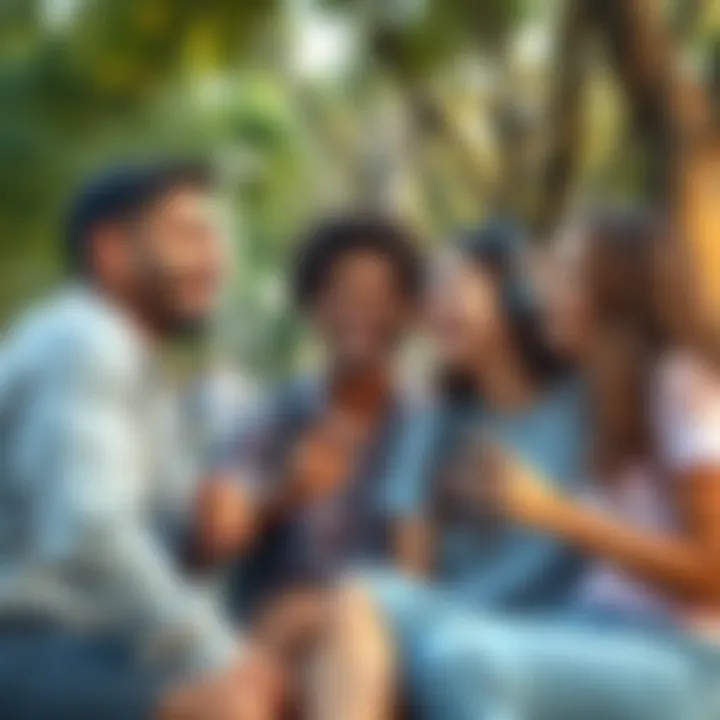 People laughing together A group of friends sharing jokes and laughing in a park
