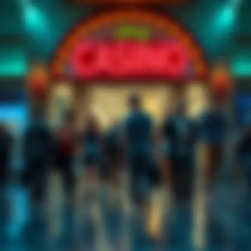 A group of people walking away from a casino entrance, showing expressions of relief and determination.