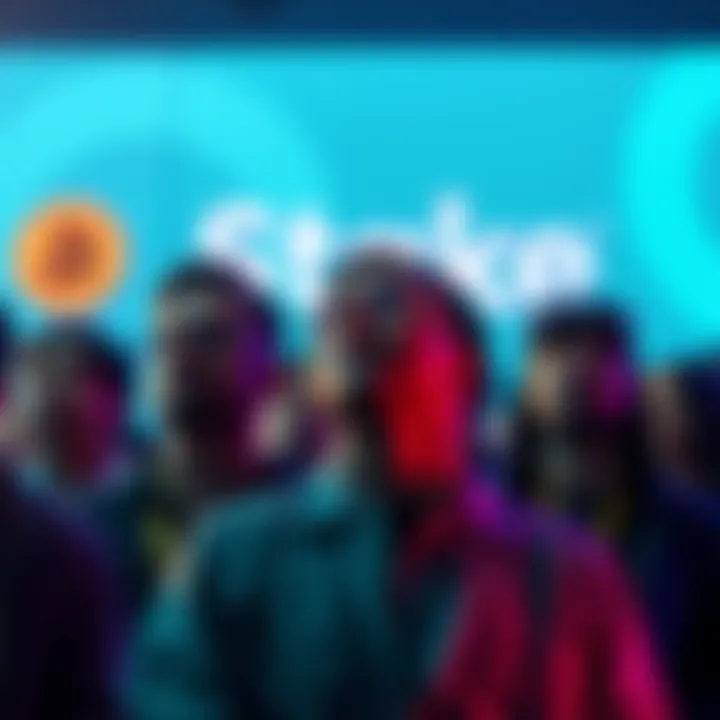 People leaving Stake platform A group of people looking frustrated while leaving a digital platform, with a logo symbolizing Stake in the background and a newer option like Rainbet visible near them.