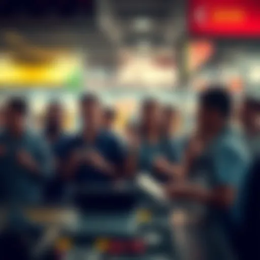 A group of people excitedly placing bets at a betting booth, hoping to win large amounts to pay off bills.