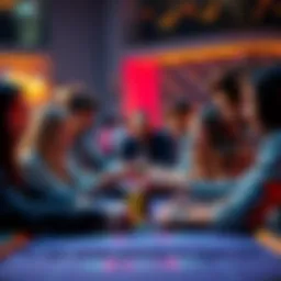 A group of people gathered around a table, engaged in a lively game of 6:5, showing excitement and focus on their faces.