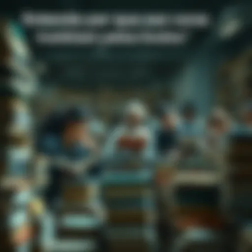 A group of individuals surrounded by stacks of books, deeply engaged in reading and discussing literature.