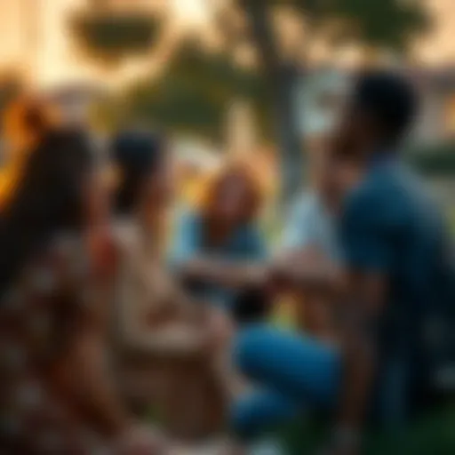 People reflecting together A group of people sitting together outdoors, taking a moment to reflect and share thoughts about making a positive change in life.