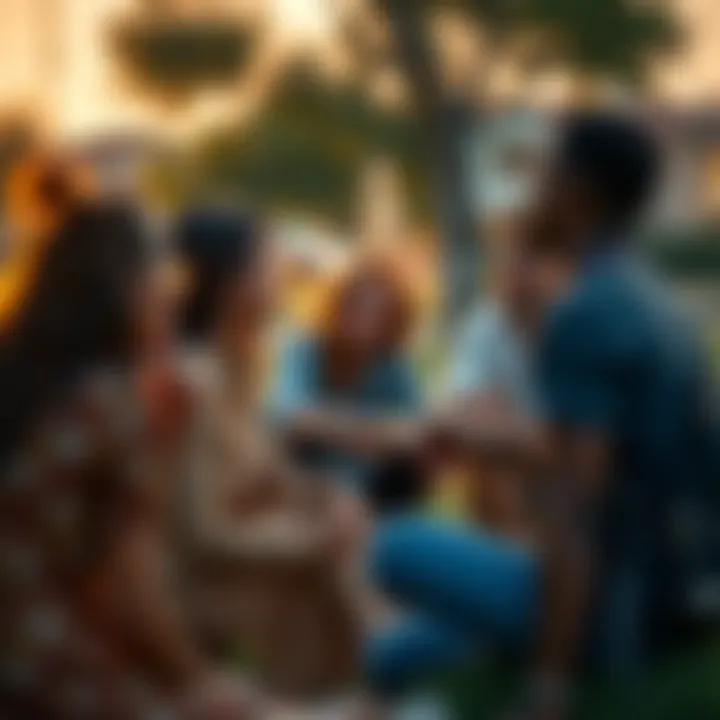 People reflecting together A group of people sitting together outdoors, taking a moment to reflect and share thoughts about making a positive change in life.