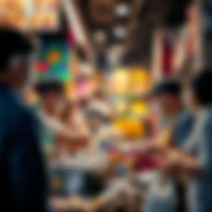 A group of people showcasing various products at a market