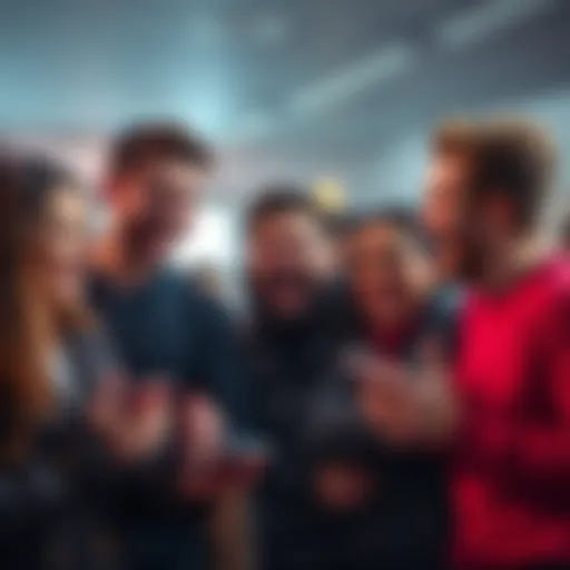 Group of people laughing and sharing funny memes on social media