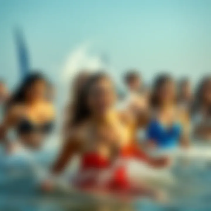 A group of people playfully splashing water at the beach, smiling and having fun