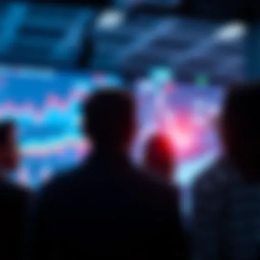 A group of people focused on a digital screen displaying graphs and data trends