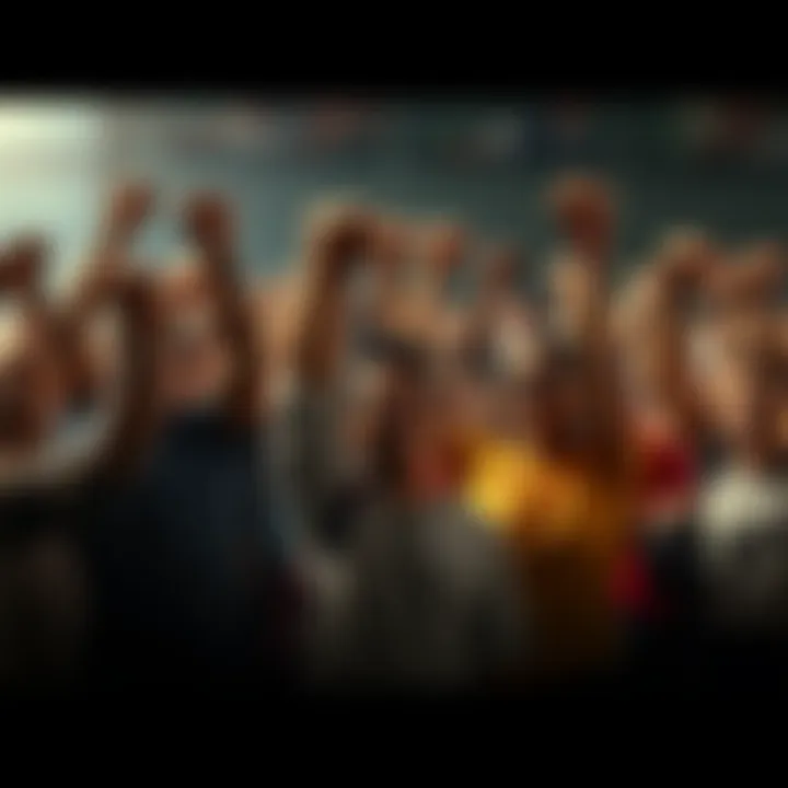 People uniting for a cause A group of diverse people standing together, showing determination and strength in the face of challenges, raising their fists in solidarity.