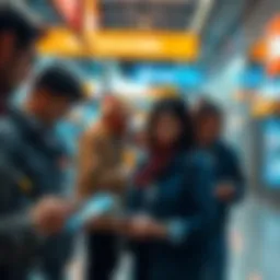 A group of people interacting with various technologies like smartphones, tablets, and smart devices in a busy urban setting