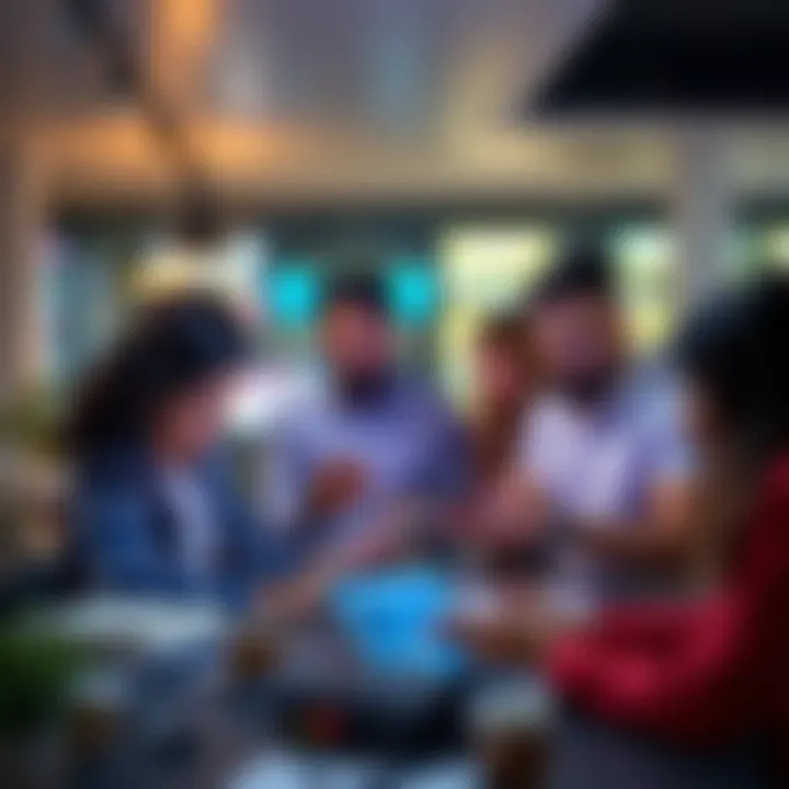 Group of people interacting through various devices like smartphones and laptops in a modern setting