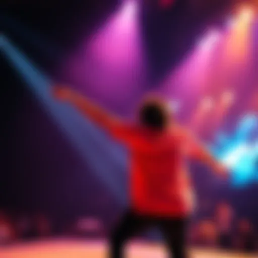 Performance on Stage A performer with intense focus delivering a powerful ending on stage, surrounded by bright lights and an engaged audience.