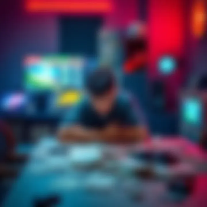 Person sitting alone at a table with bills A person looking distressed while sitting at a table covered with unpaid bills and a gaming console in the background