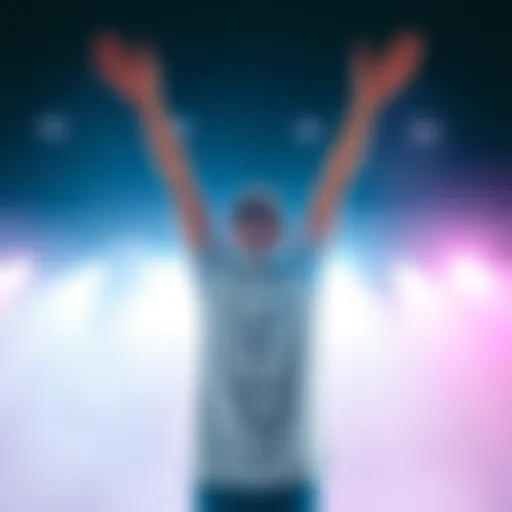 Person celebrating good luck A person joyfully celebrating a surprising stroke of luck with arms raised and a big smile