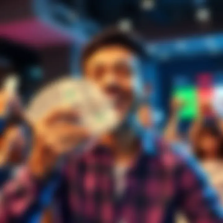 A person happily holding cash while showing excitement after winning a contest