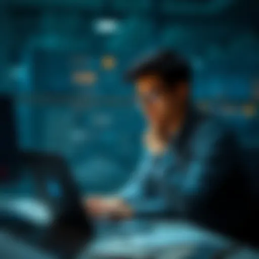 A person sitting at a desk looking thoughtfully at a laptop, contemplating a search for better opportunities.