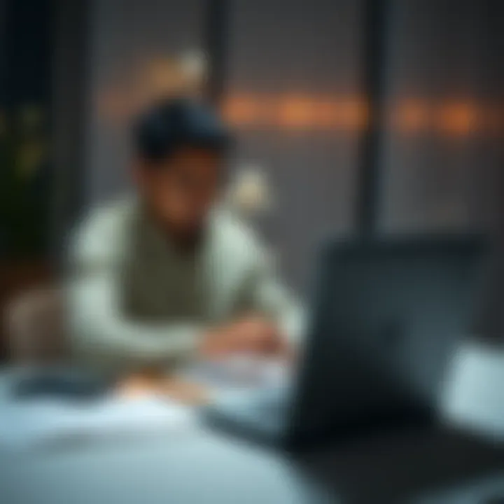 A person sitting at a table, looking at a laptop and weighing the pros and cons of withdrawing savings, with notes and a calculator nearby