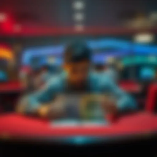 Individual sitting at a table with a €10 note, looking worried about gambling decisions and past financial struggles.