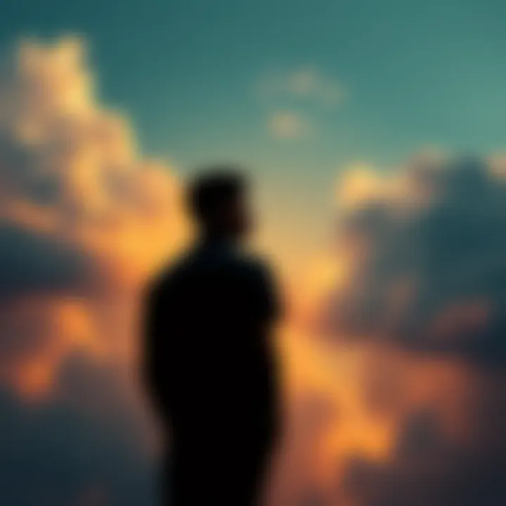 A person sitting alone, looking thoughtful while surrounded by symbolic representations of illusions and choices like clouds and shadows.