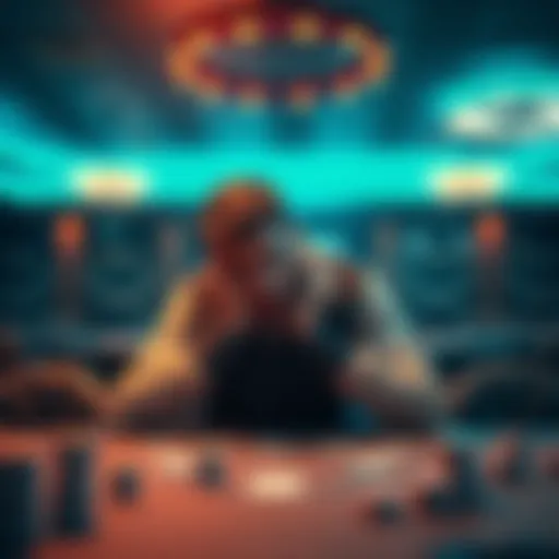 Person contemplating gambling decisions A person sitting at a table with cards and chips, looking stressed and worried, symbolizing the struggle with gambling addiction.