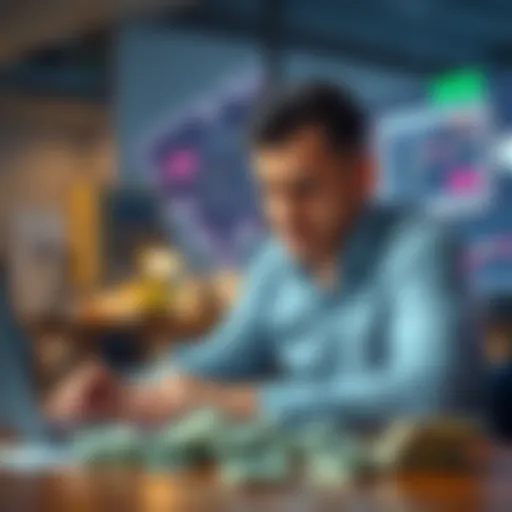 A person sitting at a table looking stressed while counting cash, reflecting on financial struggles