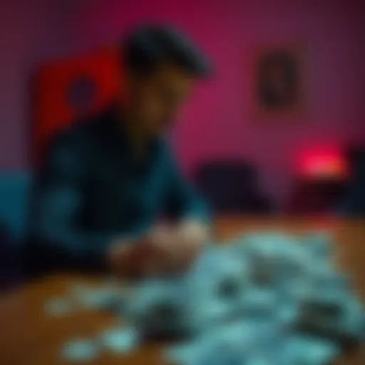 A person sitting at a table with scattered cash, looking thoughtful about their financial experiences