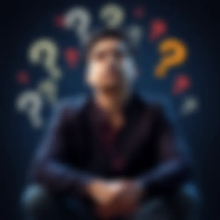 Person deep in thought A person sitting with a thoughtful expression, surrounded by question marks, reflecting on their thoughts