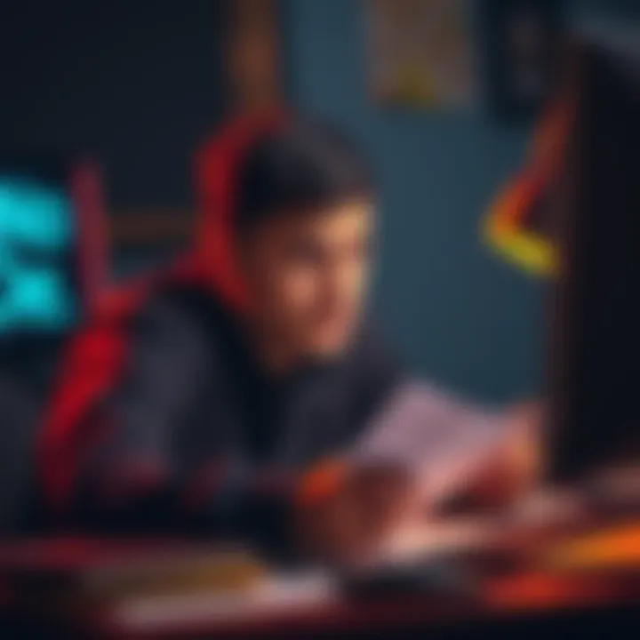 Person facing a challenge in leveling up A person looking frustrated while trying to improve their skills, surrounded by notes and a computer
