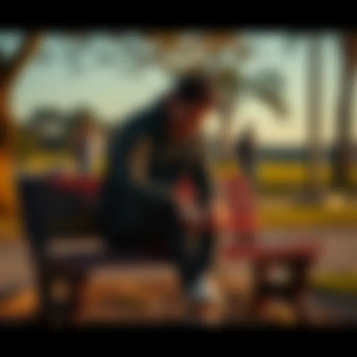 A person sitting on a bench looking down, showing signs of fatigue and sadness, surrounded by a park setting.