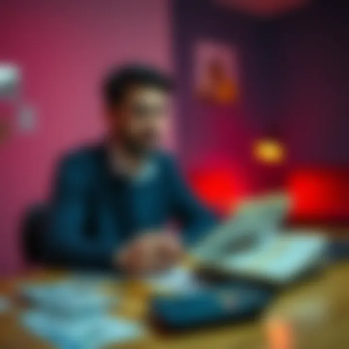 Individual sitting at a table with bills and a calculator, looking concerned about finances