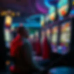 A troubled individual reflects on their gambling addiction while sitting near a slot machine in a casino