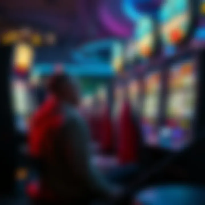 A troubled individual reflects on their gambling addiction while sitting near a slot machine in a casino