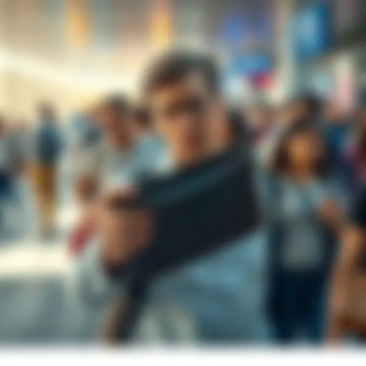A worried person holds an empty wallet, looking concerned. They are in a public space, surrounded by people who seem unaware of their situation.