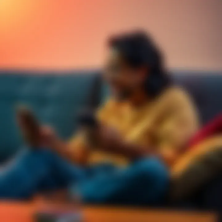 A person sitting on a couch, laughing while scrolling on a smartphone, reflecting the humor in social media interactions.