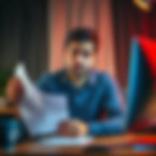 Person looking worried A person sitting at a desk with a concerned expression, holding a letter and looking at a computer screen, symbolizing job loss and financial uncertainty.