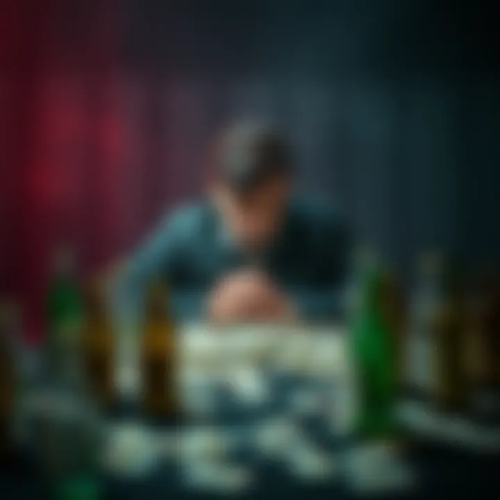 A distressed individual sitting at a table covered in bills and empty bottles, symbolizing the struggles of gambling addiction and debt