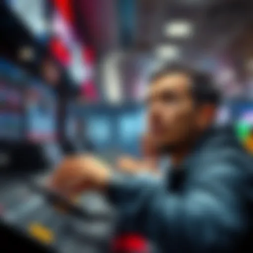 A person looks excited while placing a bet at a betting counter, with a mix of anticipation and uncertainty on their face.