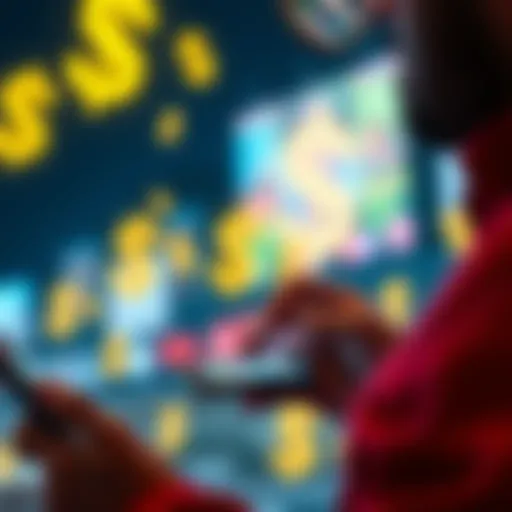 Close-up of a person focused on a smartphone game with dollar signs in the background